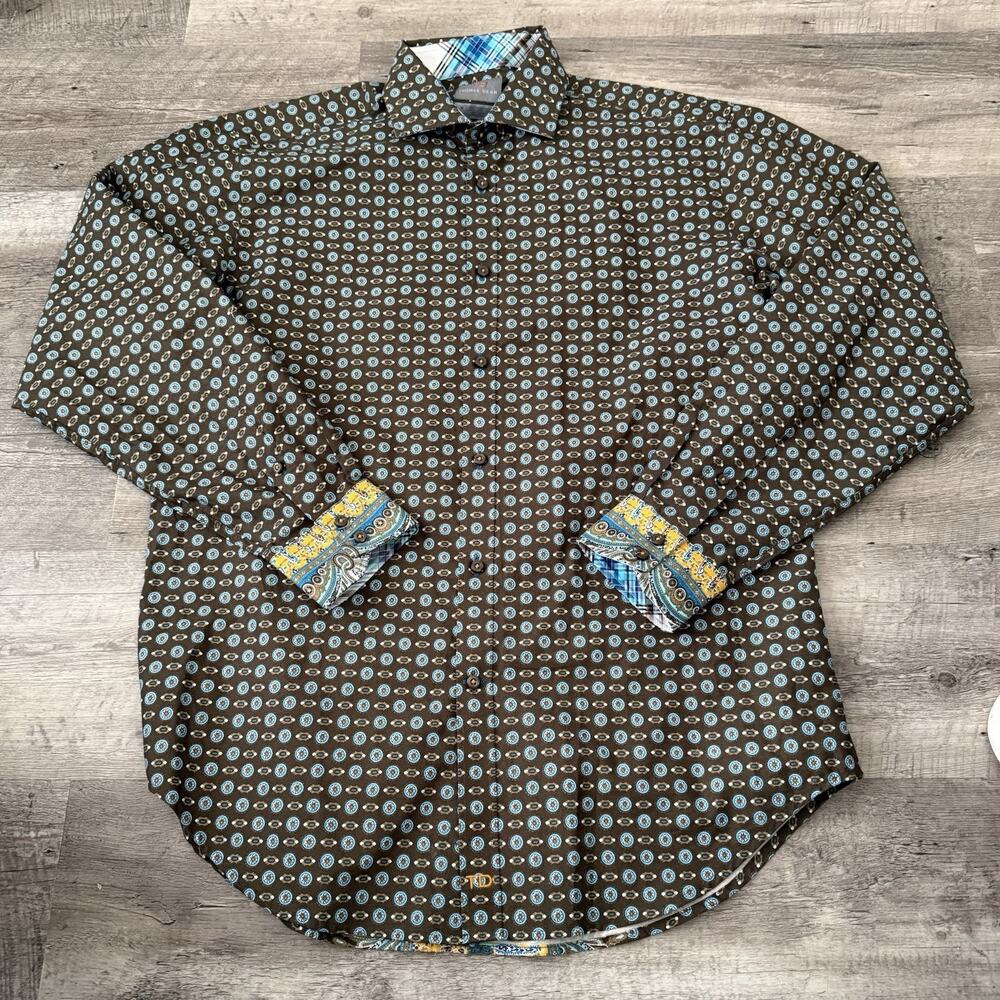 Thomas Dean Button Up Shirt Mens Medium Brown Geometric Long Sleeve 100% Cotton